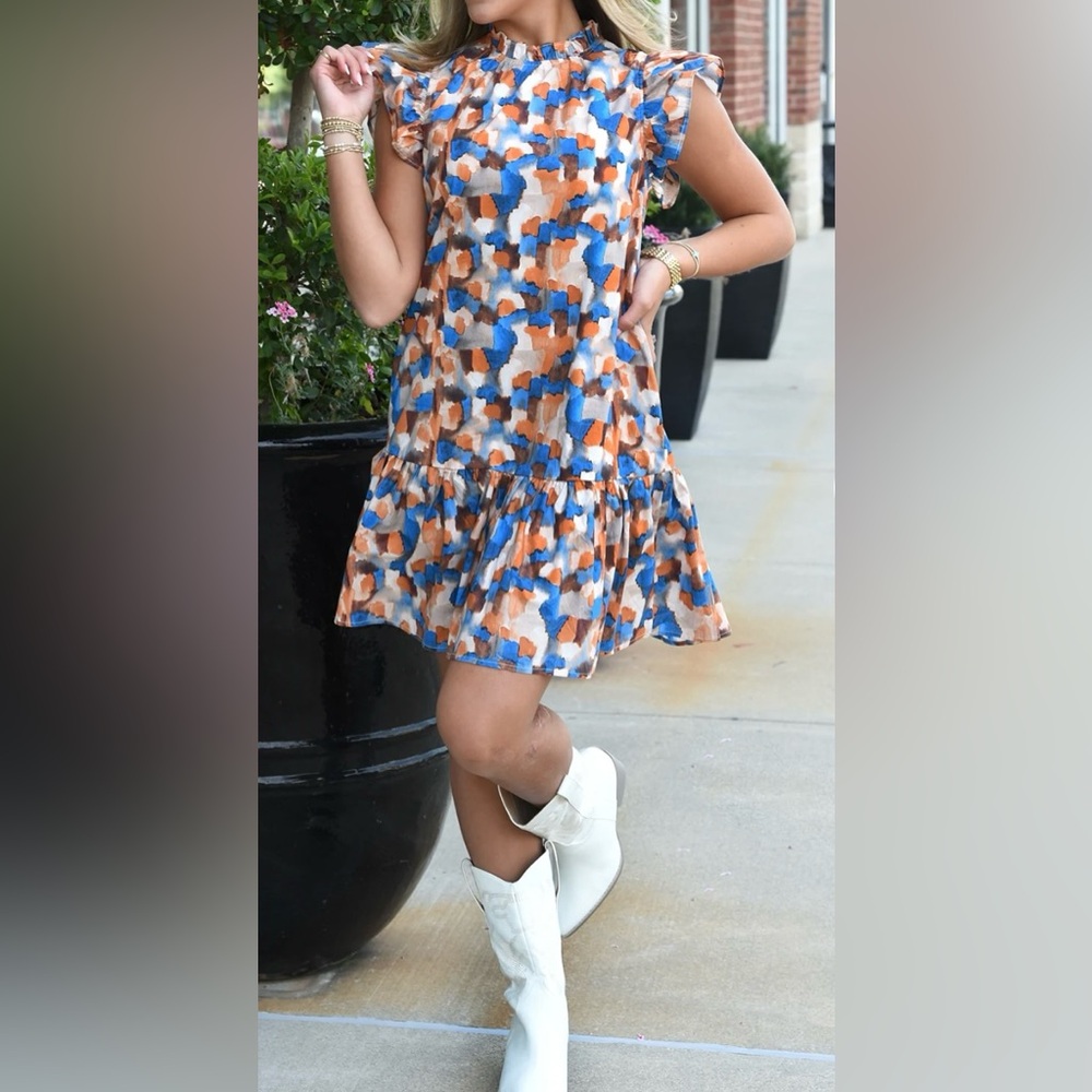Pinch Orange Blue Sleeveless Dress with Ruffle Trim.